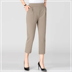 Pantalon de loisirs à taille élastique pour femme, grande taille, style fin, à intervalles droits, sept points, clé basse, bien adapté, été, 2024