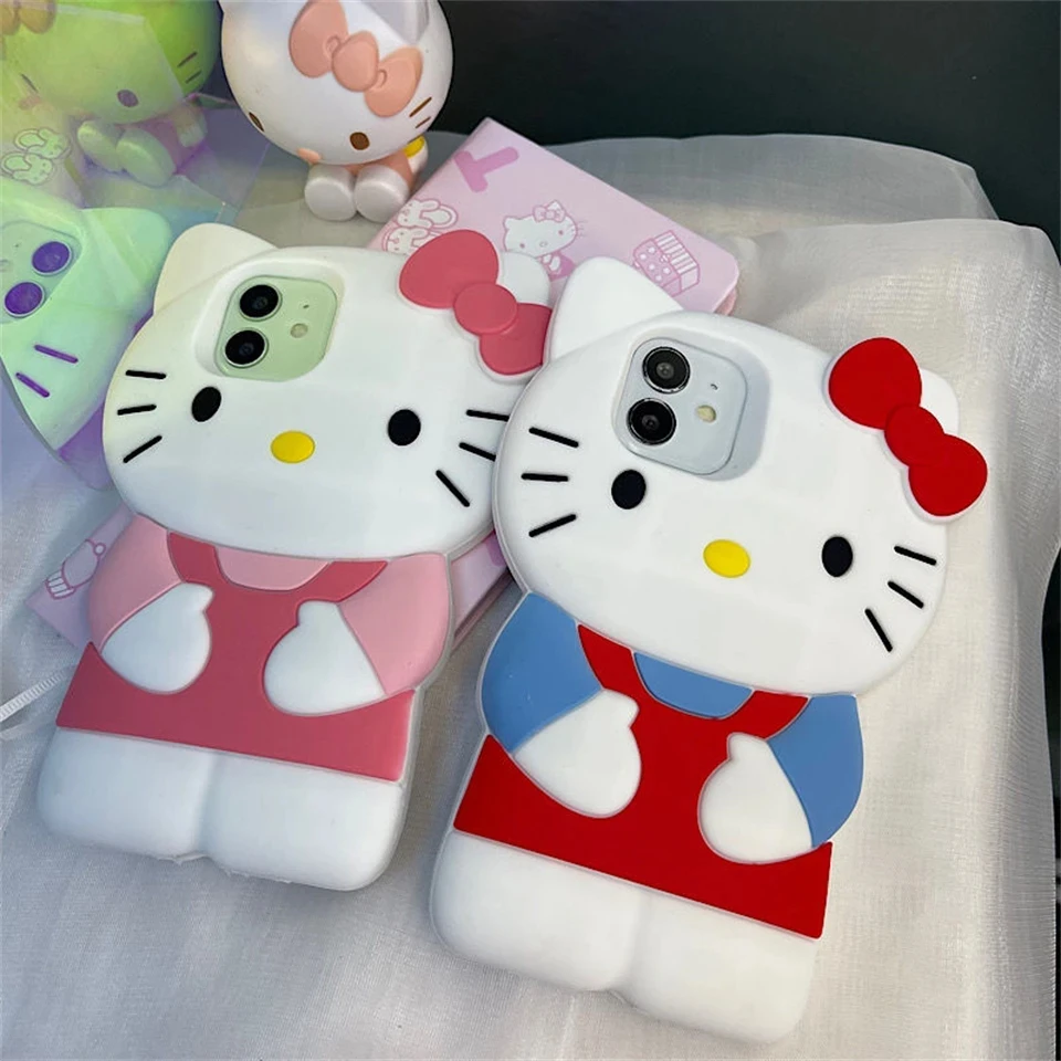 Sanrio 3D Stereoscopic Hello Kitty Cases For iPhone 16 15 14 13 12 11ProMax Mini XR XS 8Plus Soft Silicone Shockproof Back Cover