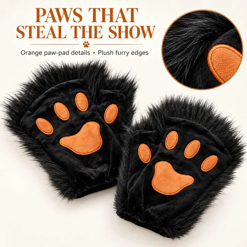 4Pcs Furry Fox Costume Set Animal Mask Ears Headband Long Tail Paw Gloves Cosplay Accessories For Adults Party Dress Up Gift 5