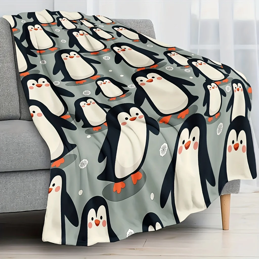 Koc z pingwinem - Miękki flanelowy pled na każdą porę roku / narzuta na łóżko / narzuta na kanapę - Uroczy wzór pingwina w kolorach szary / pomarańczowy / biały / czarny / -
