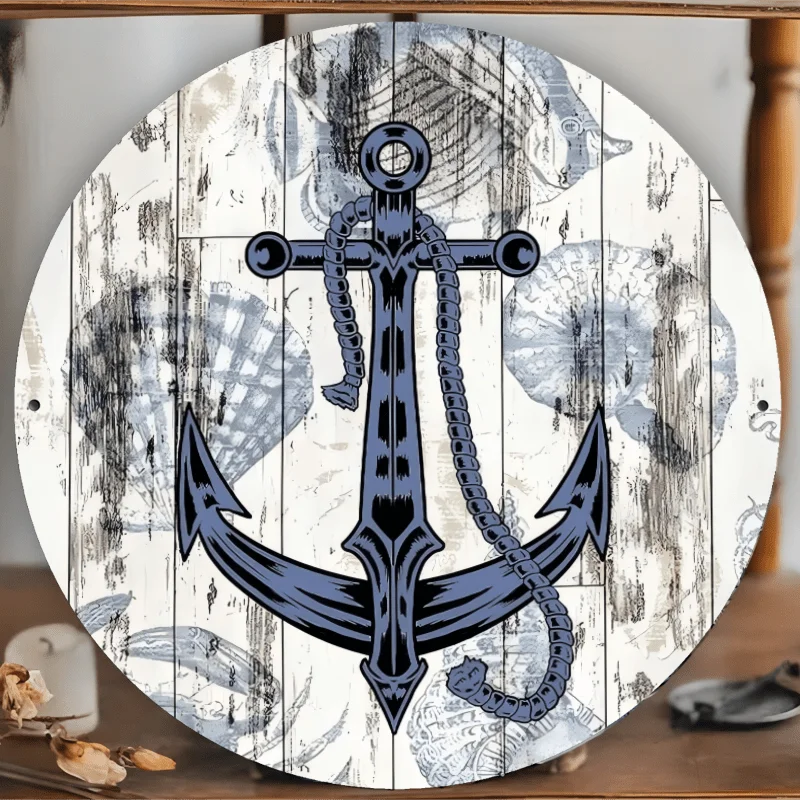 1pc Nautical Anchor Iron Wall Art, 8x8 Inch Circular Flat Printed Metal Sign, Home, Bar, Garage, Club, Restaurant, Cafe Decor