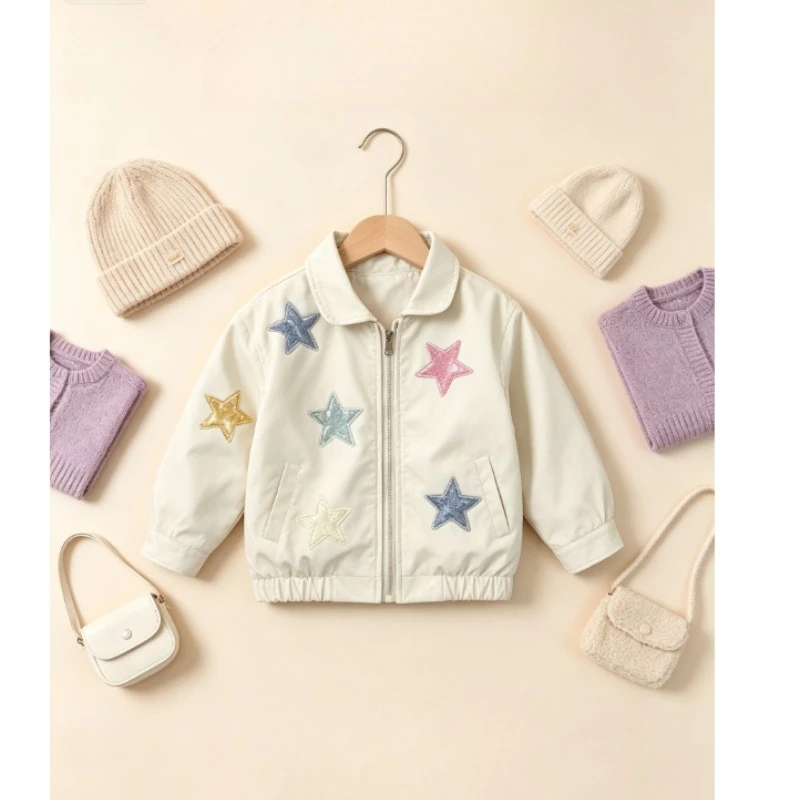 Kids Star Embroidered Leather Jacket Spring Autumn 2026 Fashion Versatile Casual Coat Breathable Soft Trendy for Girls Daily