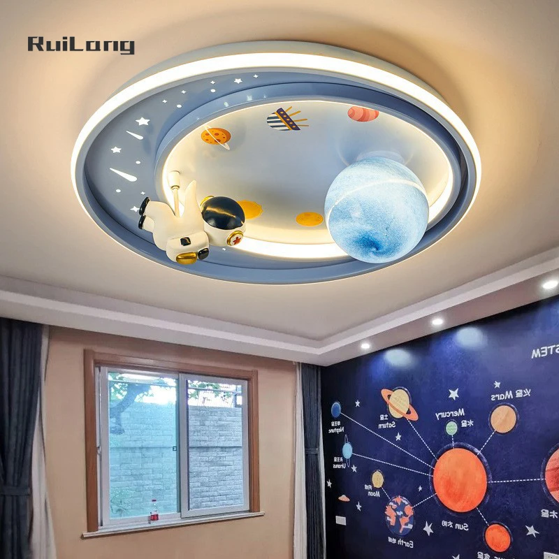 Imagem -06 - Moderno Astronauta Led Luz de Teto para Quarto de Crianças Lâmpada do Quarto do Bebê Meninos Desenhos Animados Decoração Bonito Lua Espacial Planeta Candelabro