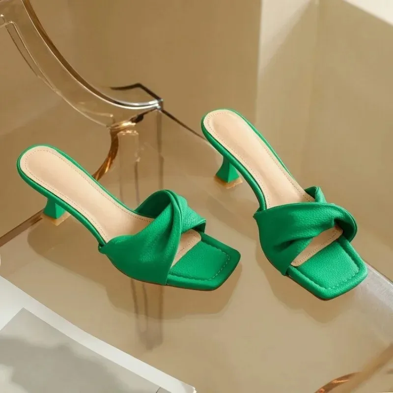 Summer Thin Heel Slippers Women 2023 Fashion Pleated Square Toe Green Orange Women Sandals Casual Elegant Ladies Dress Shoes