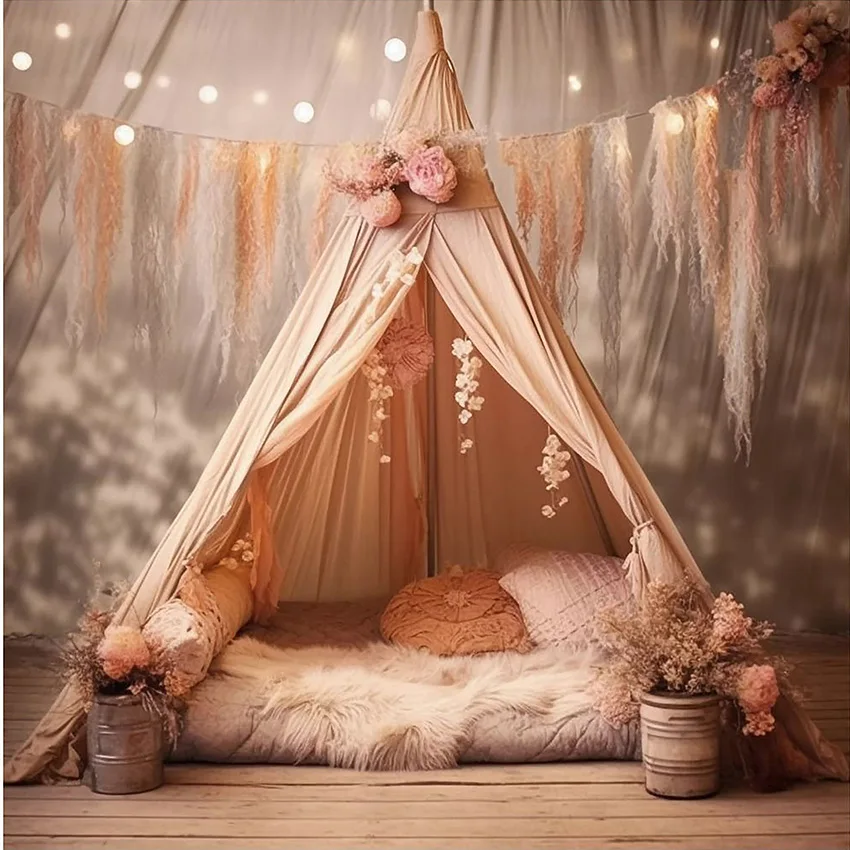 Mehofond التصوير خلفية البوهيمي الزهور مخيم خيمة الفتيات حفلة عيد ميلاد كعكة سحق صورة ديكور خلفية استوديو الصور