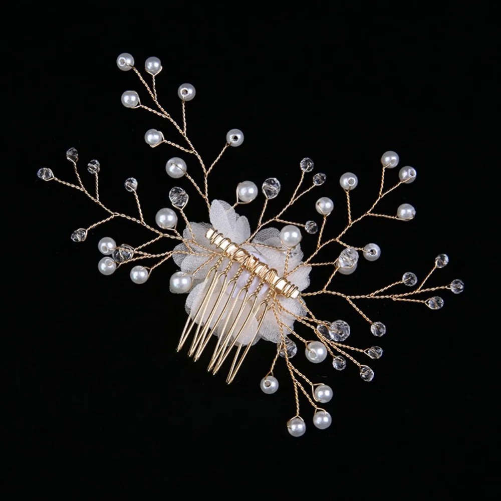 1Pc Bridal Chiffon Flower Hair Comb, Pearl & Crystal Design, Ideal for Wedding & Bridesmaid Hairstyles