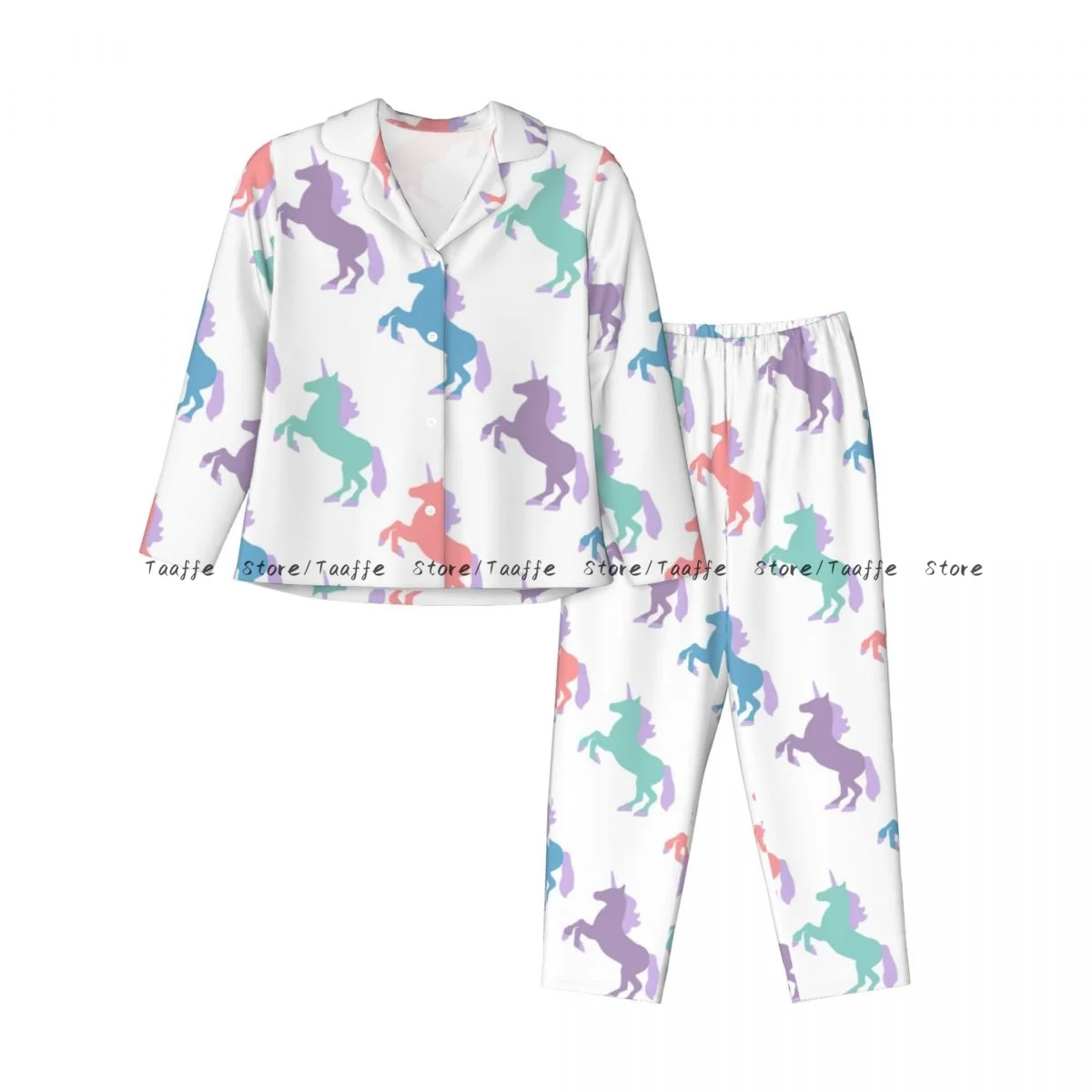 Colorful Unicorn Silhouette Womens Pajamas Loungewear Two-piece Sleepwear Button-Down Full Sleeve Long Pajamas Set