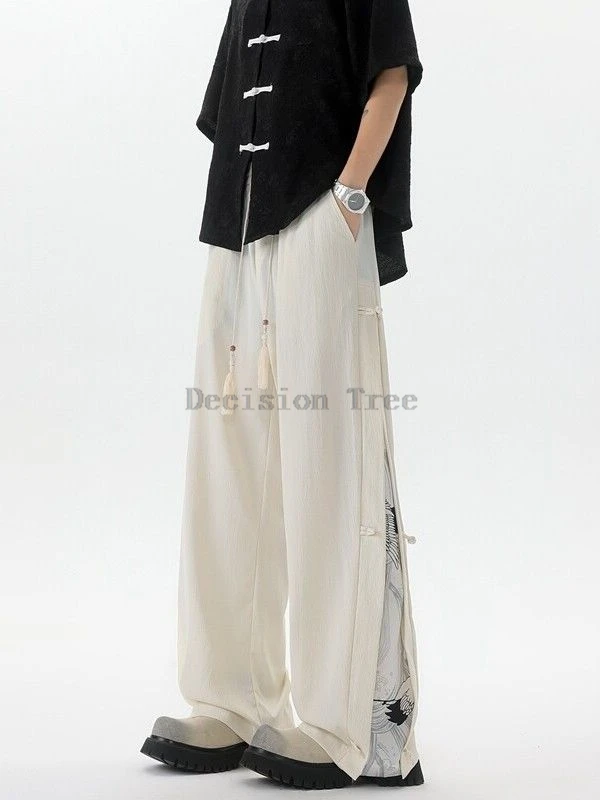 Plue Size Chinese-style Buckle Split Pants Summer Men Spliced Ice Silk Pant Wushu Drawstring Waist Pants Vintage Casual Trousers