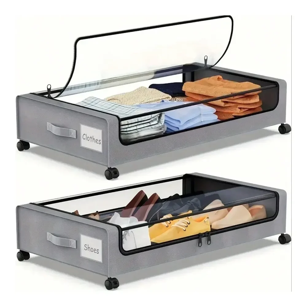 

Набор из 1 или 2 штук: Ящики для хранения под кроватью на колесиках, тканевые органайзеры большой вместимости с прозрачной крышкой и ручкой, дизайн с несколькими отделениями