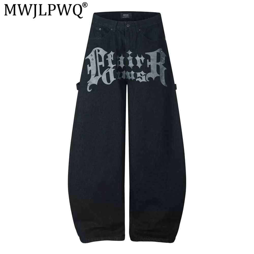 MWJLPWQ American Street Style Gothic Lettering Scythe Jeans Men Hip-Hop Trendy Design Loose Silhouette Wide-Leg Trousers 20761