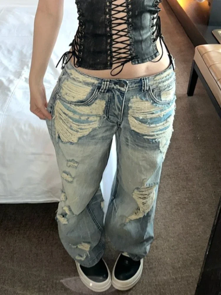 High Street Hottie Vintage Hole Jeans Women Y2k Fashion High Waist Baggy Wide Leg Pants Casual Loose Jeans