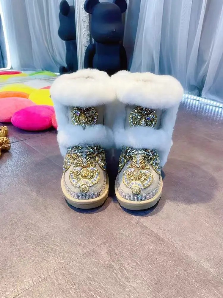 Beige Rex Rabbit hair Diamond Accessories Fur One Party Snow boots Handmade large size thick cotton shoes for women 35-44