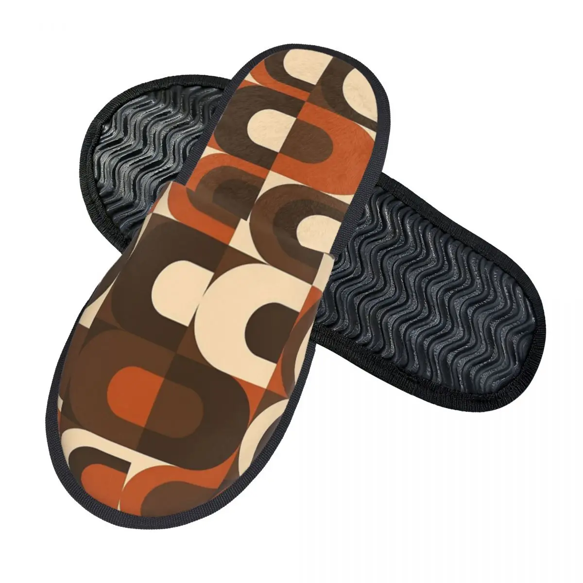 70s Pattern Retro Inustrial In Orange And Dark Brown Slippers Memory Foam Warm Soft Women House Slipper Indoor Fluffy Shoes