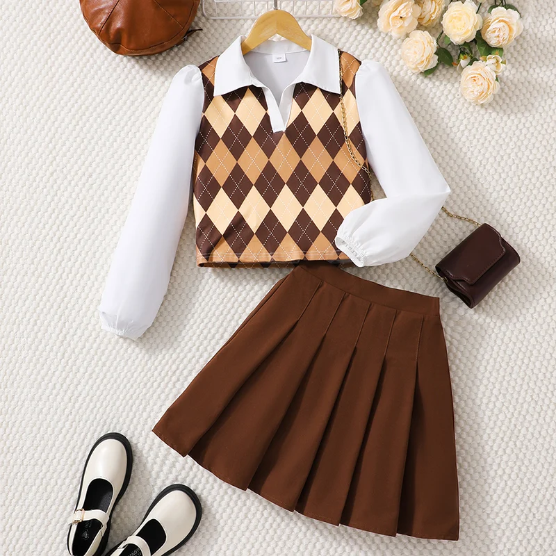 Autumn And Winter Women's And Children's Casual Elegant Shirt Collar Long Sleeved Checkered Top&Solid Color Pleated Skirt Two-Pi