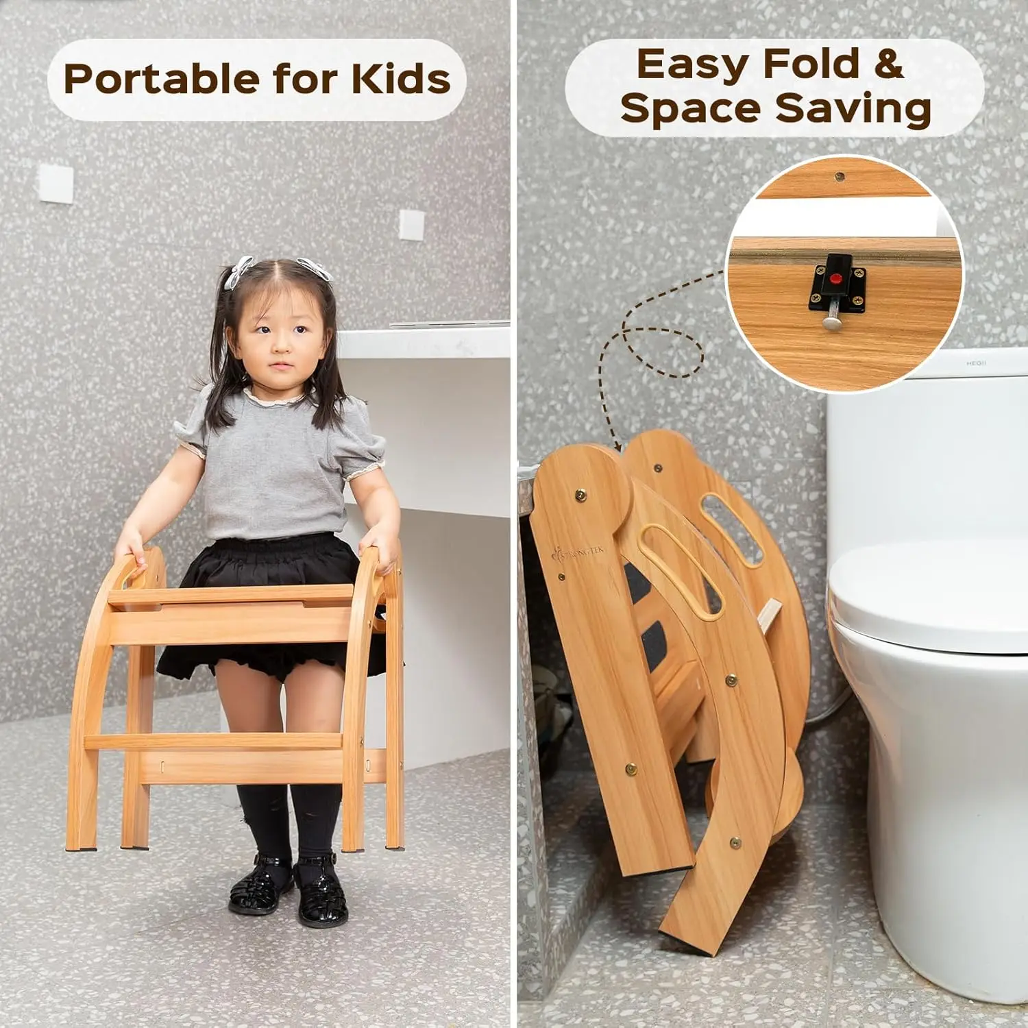 Kids Step Stool with Handrails, Foldable Safety Stool, Wide Non-Slip Surface, 12-Inch Wooden Step Ladder for Bathroom