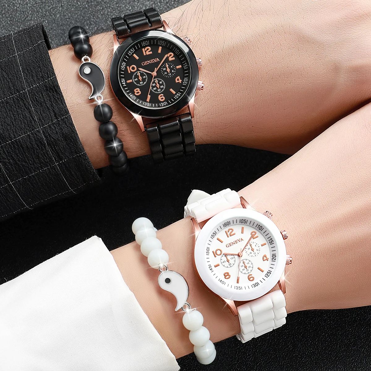 4PCS/Set Couple Watches Fashion Silicone Band Men Women Quartz Watch Bracelets Set