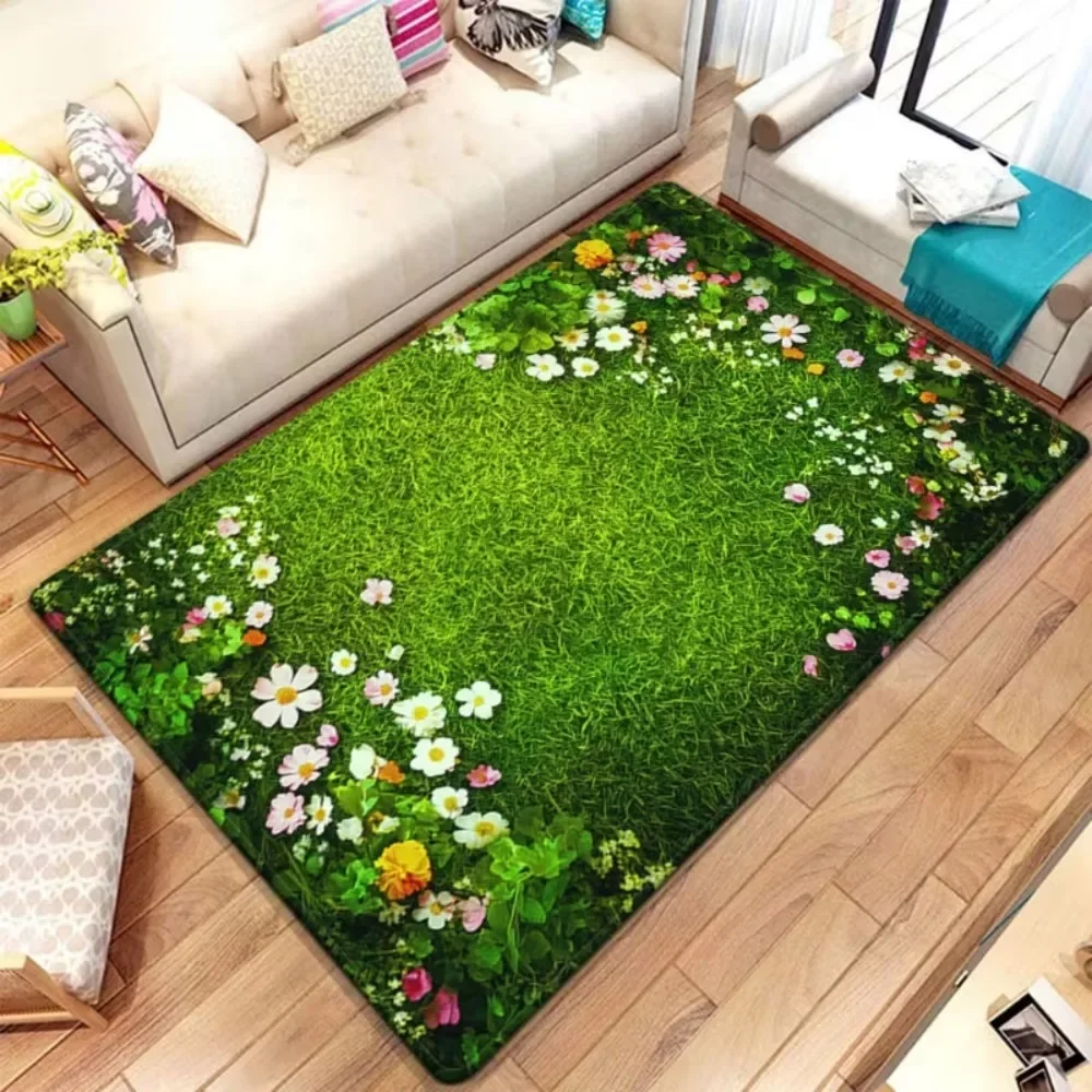 Spring rug Fresh Grass Green Background Large Rug, Small Flowers Scattered Bloom Printed Carpet, Easy-To-Clean Room Mat,door Mat