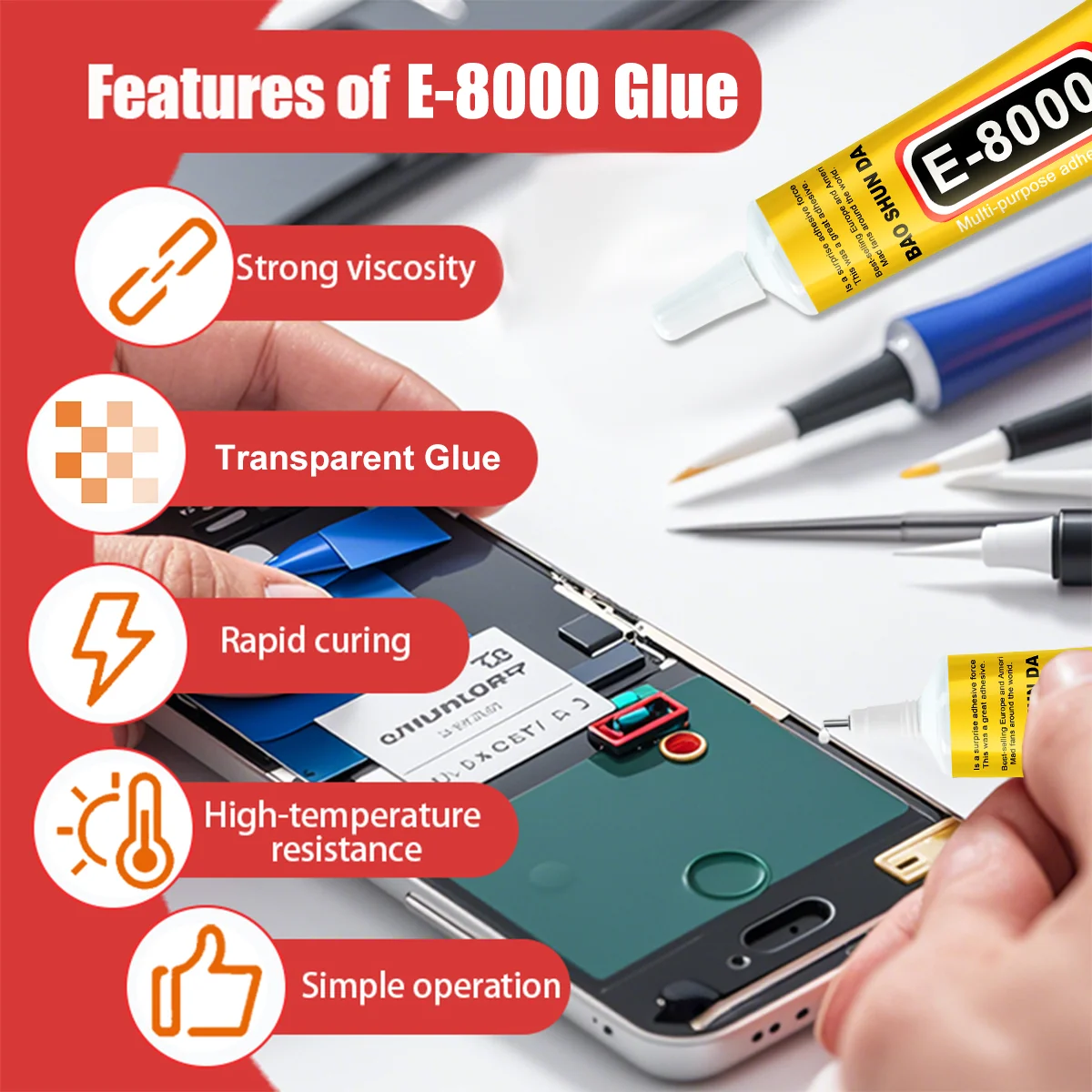 E8000 adhesive for repairing touch screen of mobile phone, sealant for deformed screen frame, and general DIY adhesive for repairing home, 15/25/50/110ml.