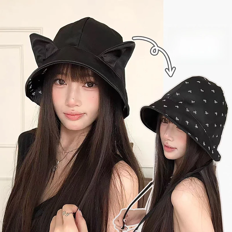 2 In 1 Reversible Cat Ear Bucket Hat For Women, Double Sided Wear Solid Satin Cat Ears / Mini Bow Print Hat Y2K Kawaii Sun Hat