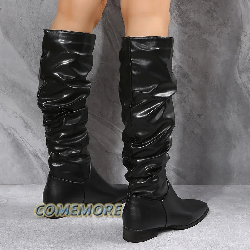 Buty dla kobiet jesień wiosna buty do kolan czerwony czarny biały wysokie buty kobiety plisowane na niskim obcasie Casual skórzane długie buty
