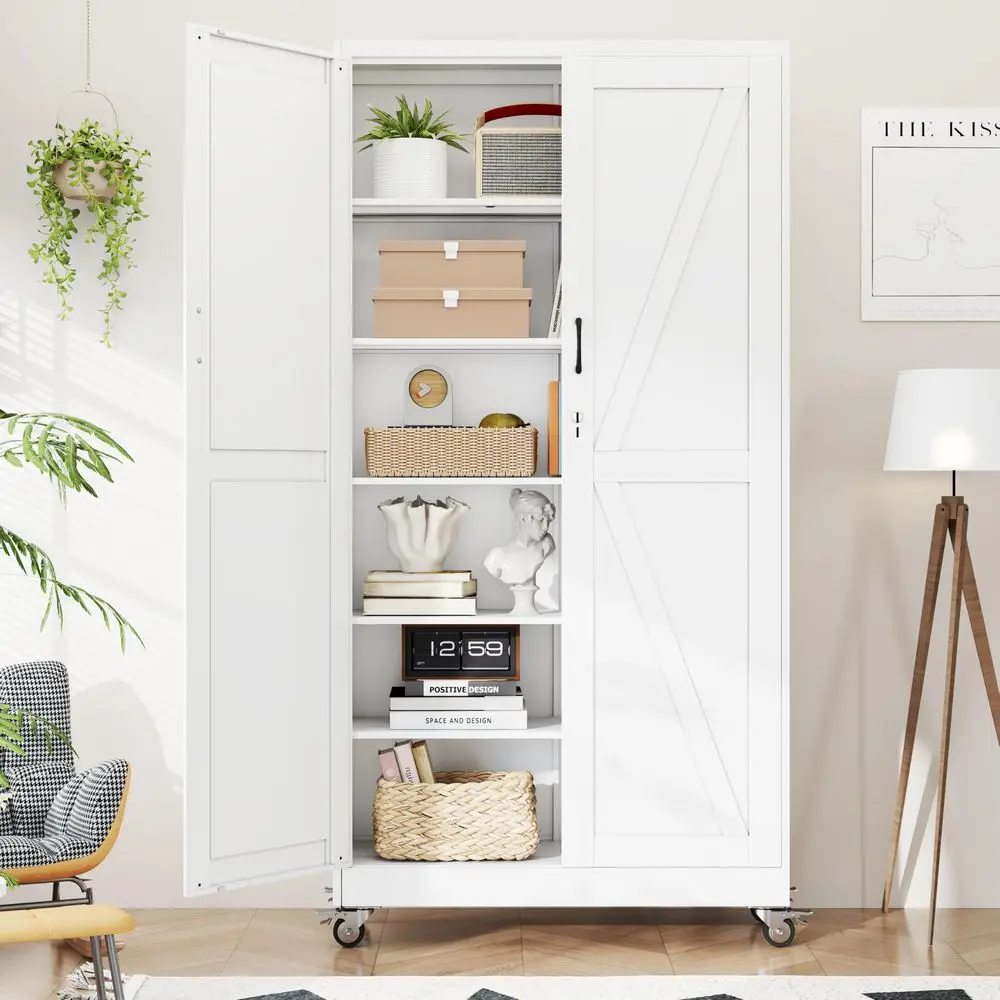 Storage Cabinets with Wheels, Steel Tool Cabinets Lock Door and 5 Adjustable Shelves for Home Office, Garage, Kitchen White, 78