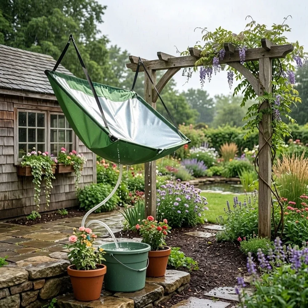 Rain Water Harvesting System with Hose and Buckle Fix 100x50 cm Polyester Catcher for Balcony Garden Water Storage