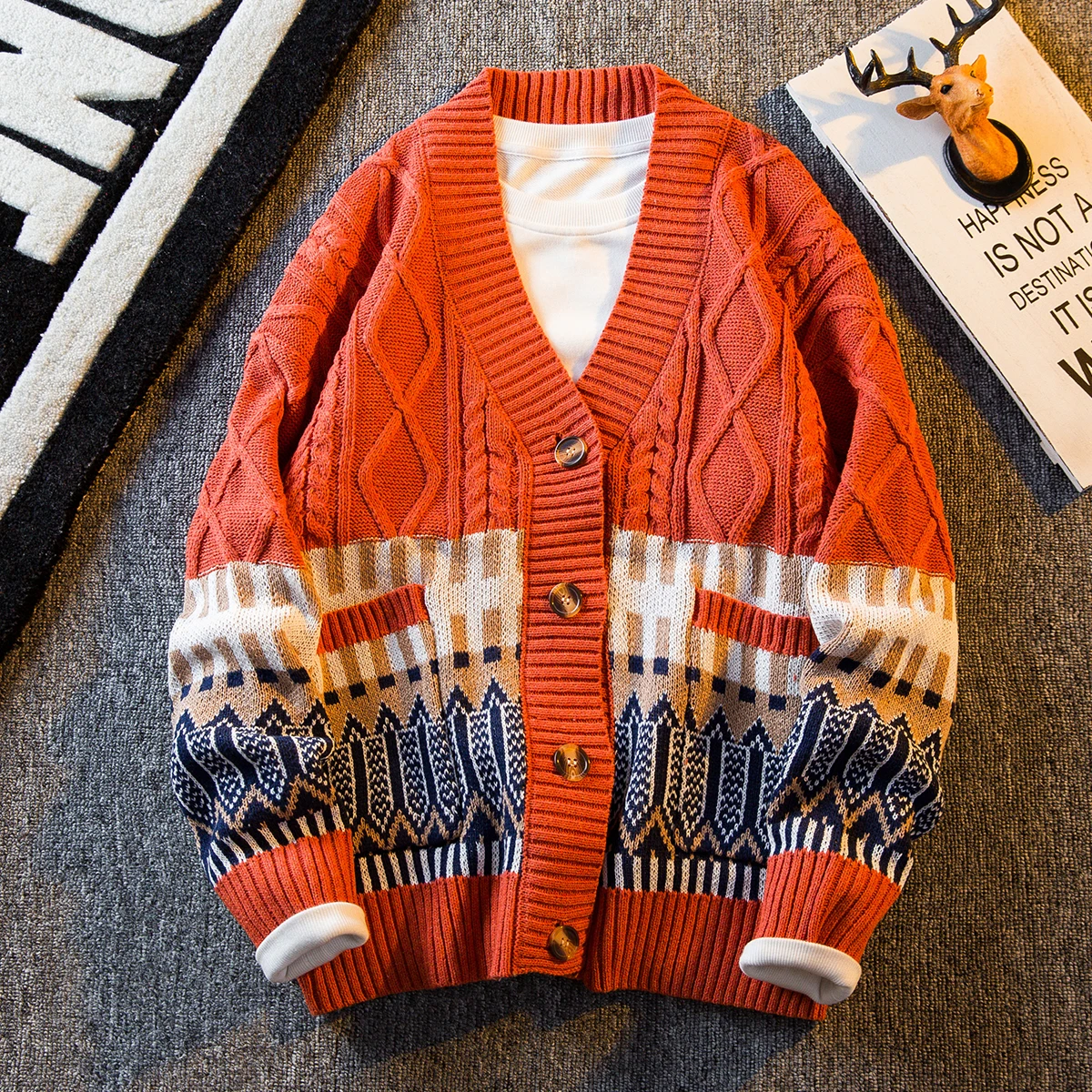 Men's Japanese Vintage Argyle Paneled Sweater Knit Cardigan Ethnic style Oversized V-Neck Edgy Streetwear Loose Knitted Coat view 2