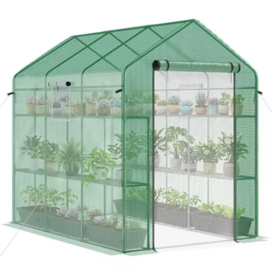 Outdoor walk-in greenhouse, 7' x 5' x 6', green polyethylene mesh door, UV-resistant PE material, ventilated and portable