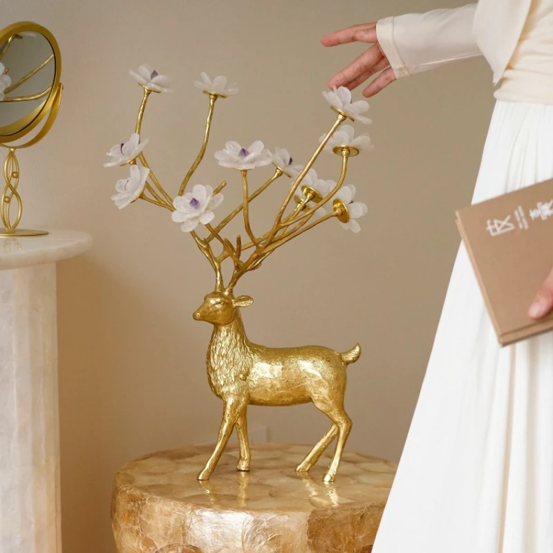 Light Luxury Brass Crystal Deer Sculpture Nordic Living Room Ornament High-end Home Soft Decoration Housewarming Gifts