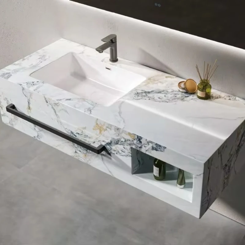 Modern Style Bathroom Vanity with Slate Stone Cabinet Washbasin Smart Light Emitting Diode Sink and Home Marble Top