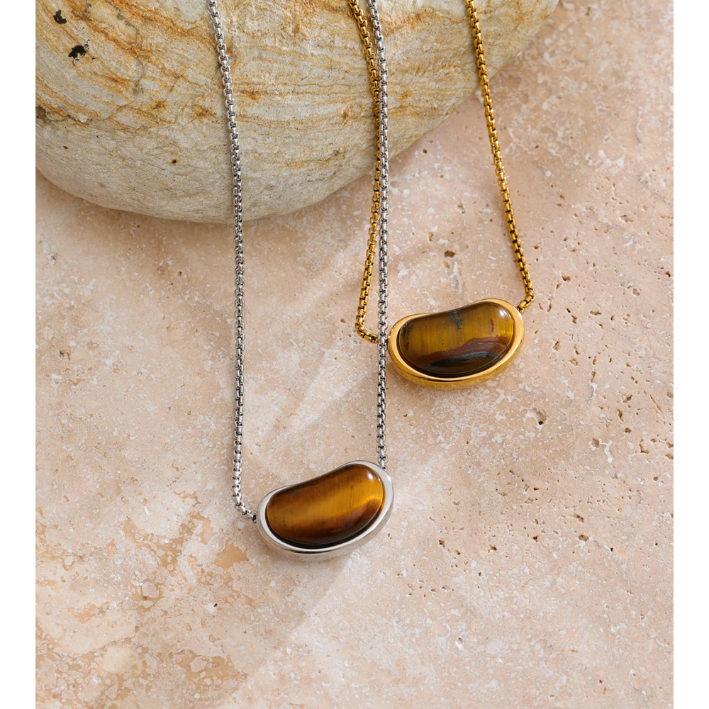 Yhpup Natural Tiger Stone Oval Pendant Necklace ( chain crossing pendant ) Stainless Steel Collar Jewelry Waterproof Wholesale