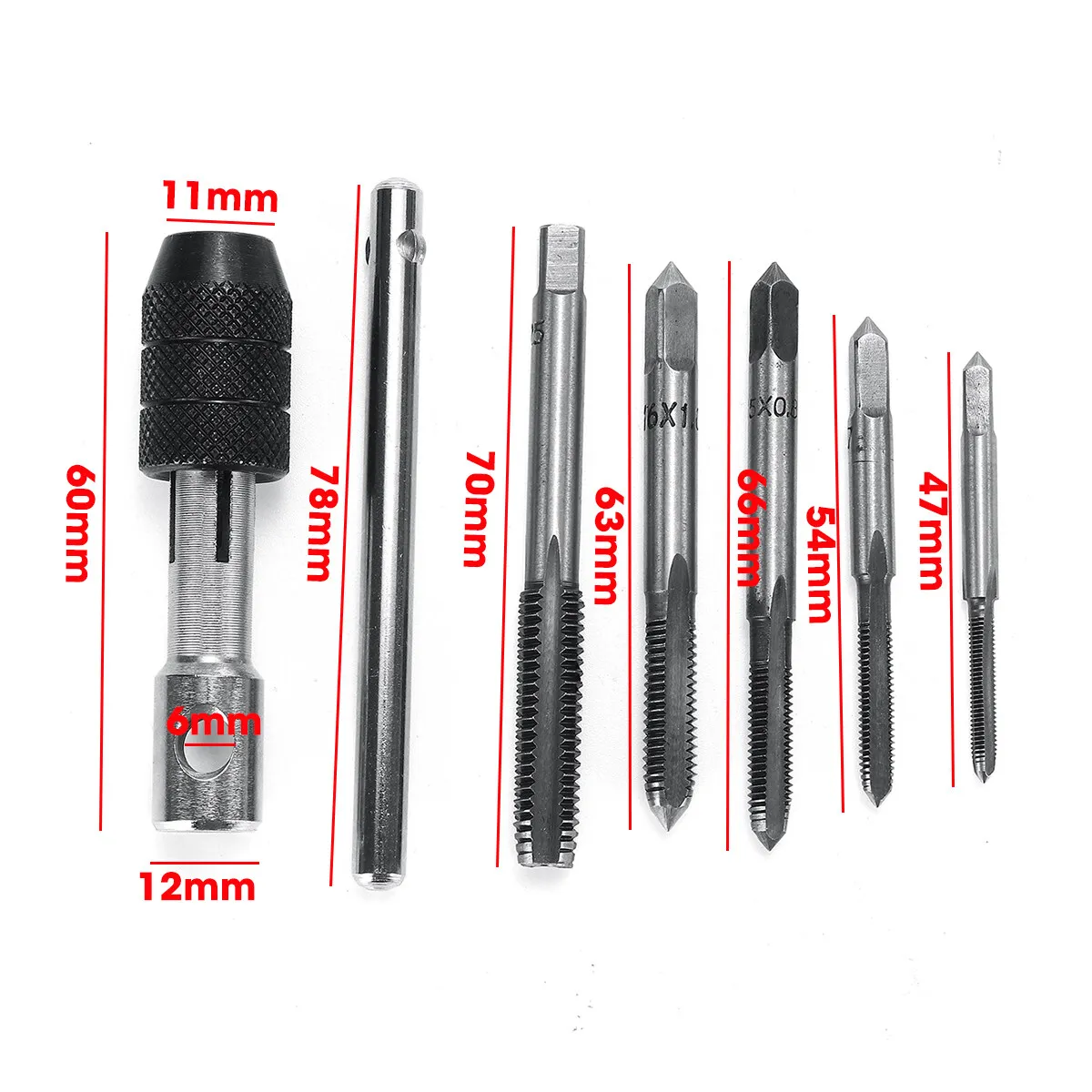 High-Speed Steel Hand Tap Holder Set, Metric Combination Tool, M3-8, 6Pcs