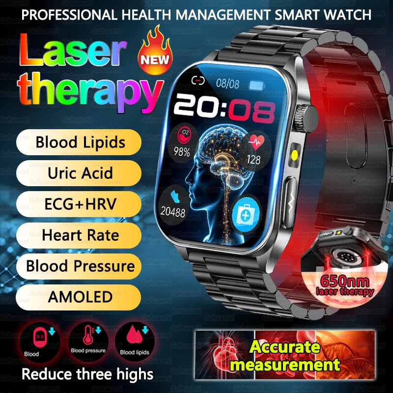 2025 New Sapphire Glass Laser Treatment Smart Watch Men Non invasive Health Monitoring Blood Lipid Uric Acid ECG+PPG Smart Watcn