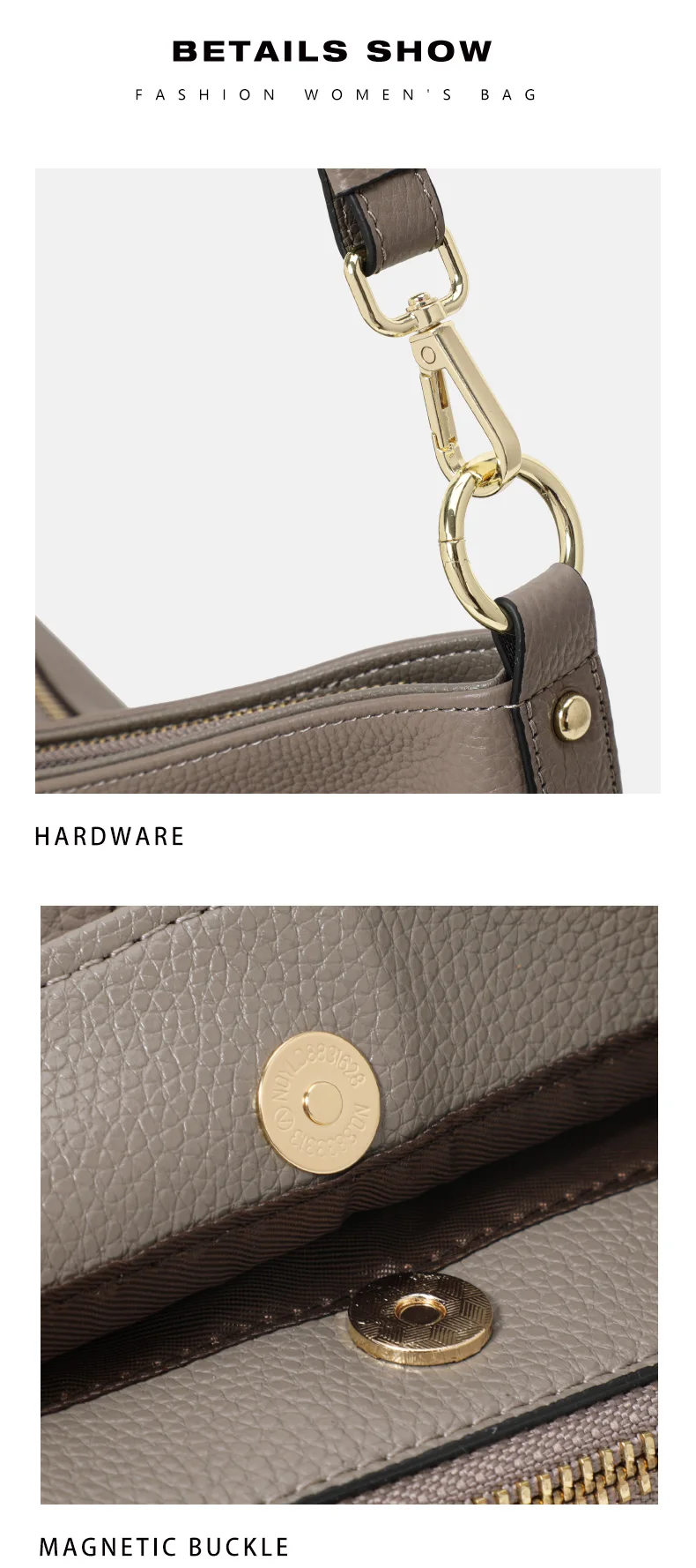 Echte Leder-Schultertasche für Damen, Aufbewahrungshandtasche, Schlichte und Leichte Graue Einkaufstasche – Detail 12
