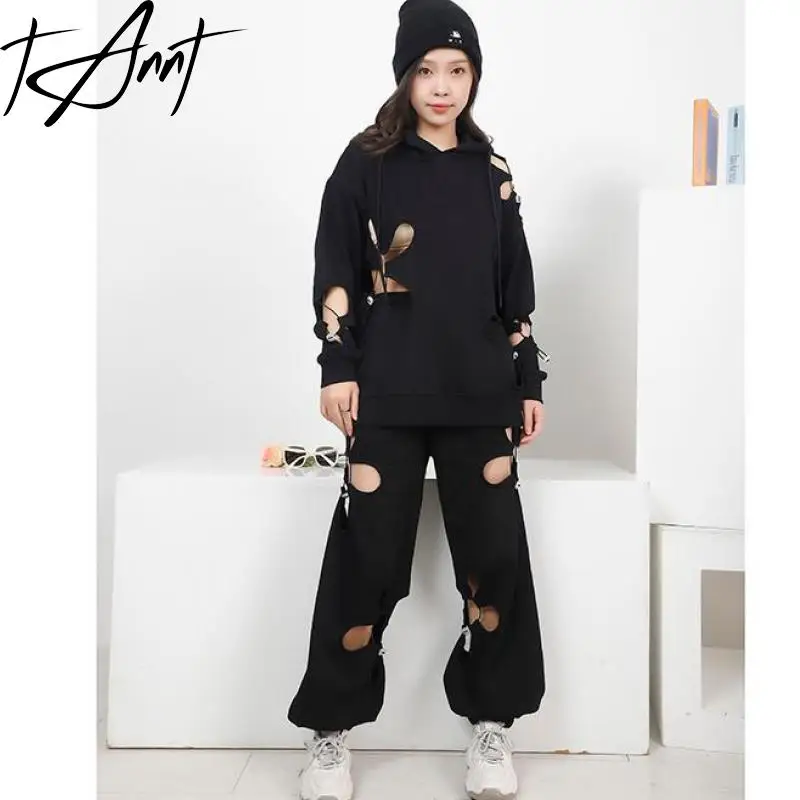 Tannt Women Pant Asymmetry Hollow Out Black Sweatpants Women Irregular Holes Fashion Sexy Long High Waist Pants Women 2023 New