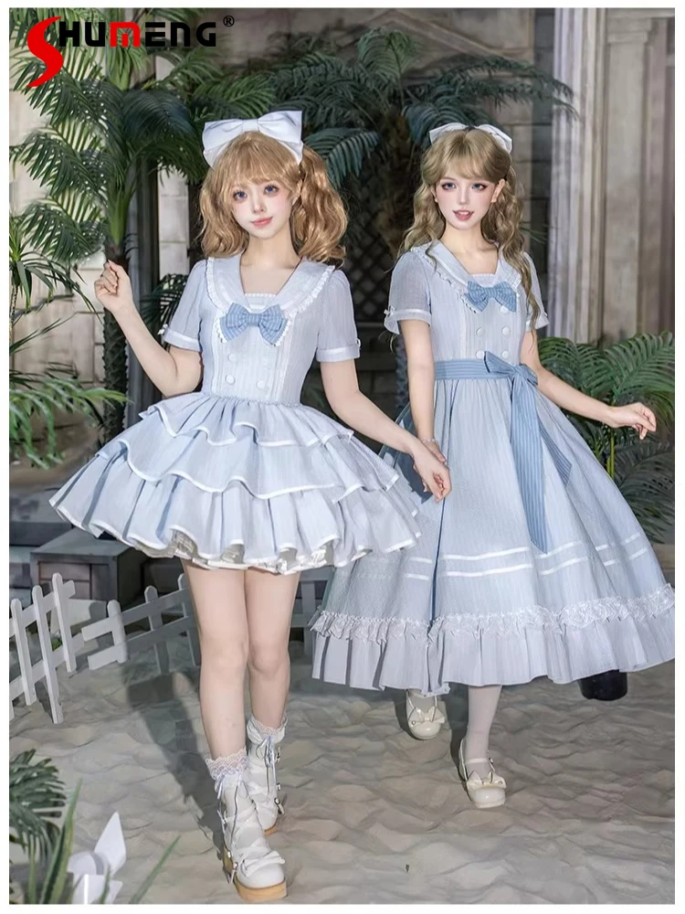 

Original Japanese Style Elegant Retro Navy Neck Short Sleeve High Waist Lace-up Bow A-line Blue Striped Lolita Dress For Women