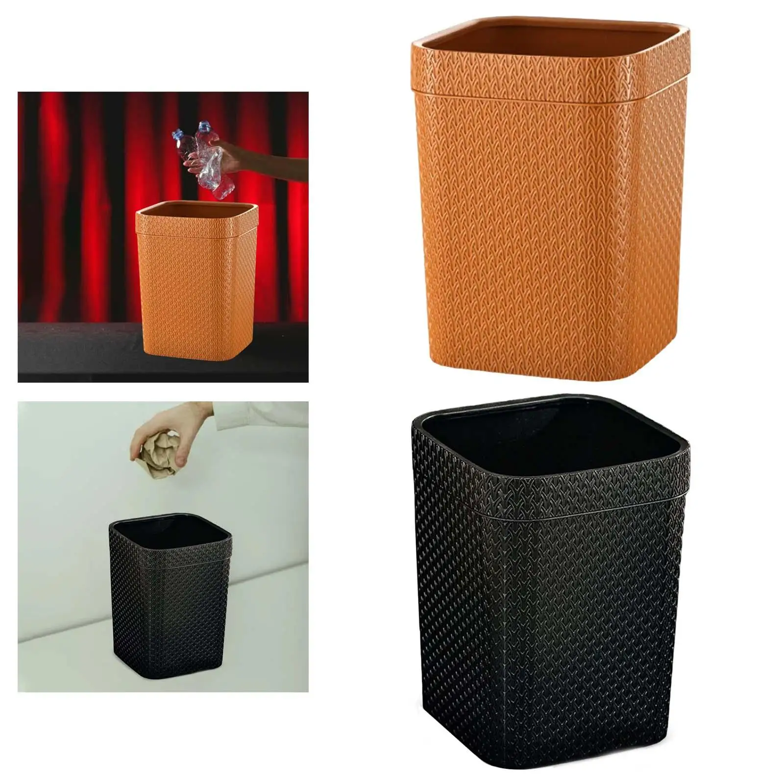 Garbage Bucket Rattan Woven Compact Square Plastic Waste Can Dustbin Wastebasket for Home Backyard Cars Outdoor Indoor Bedroom