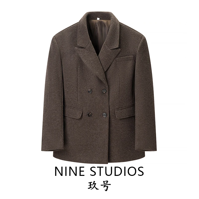 

NINE ZAR Women's Loose Pure Color Woolen Coat Double-breasted Suit Jacket Long Sleeve Flat Collar Regular Length Spring Wear