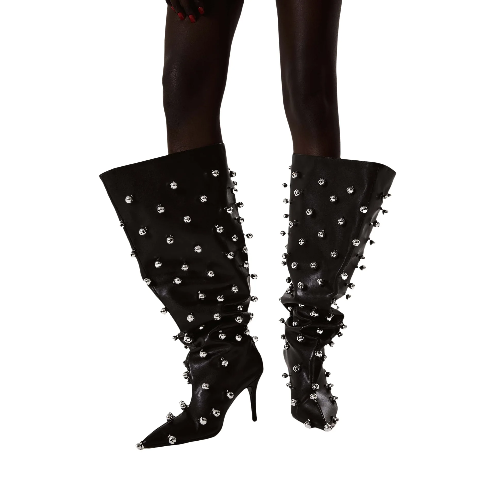 Women Jingle Bell Decor Pointed Toe Stiletto Over The Knee Wrinkle High Boots Punk Retro European Style Fashion Boots Hot F709