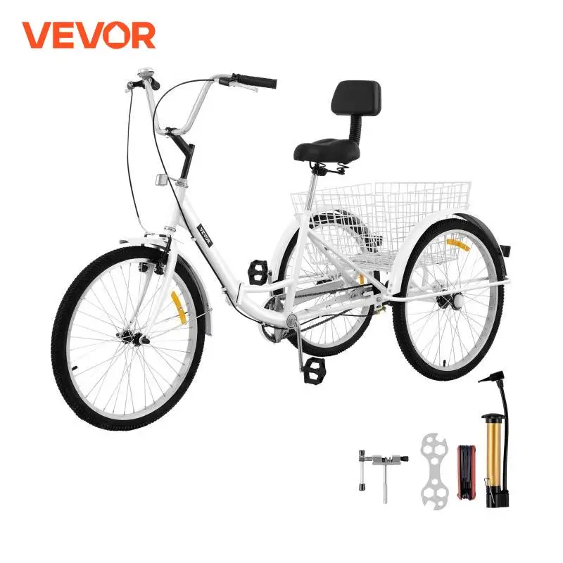 VEVOR 24 inch Folding Adult Tricycle 3 Wheel Trike Bike 1/7 Speed High-Carbon Steel Cargo Trailer Pet Cart Outdoor Travel