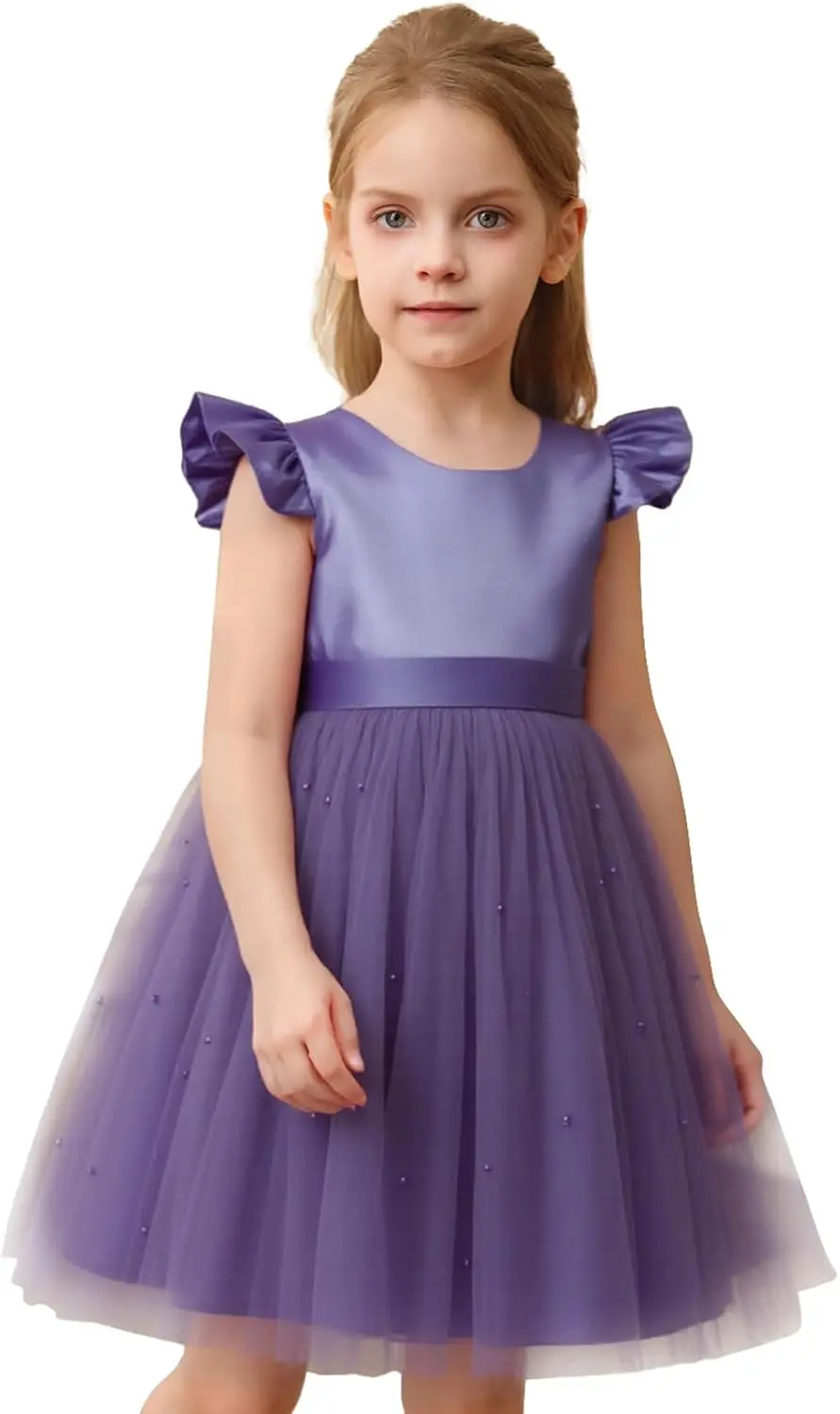 Satin Flower Girl Dress V-Back Ruffle Sleeve Dresses Girls Tulle Dress for Wedding First Communion with Bow-Knot
