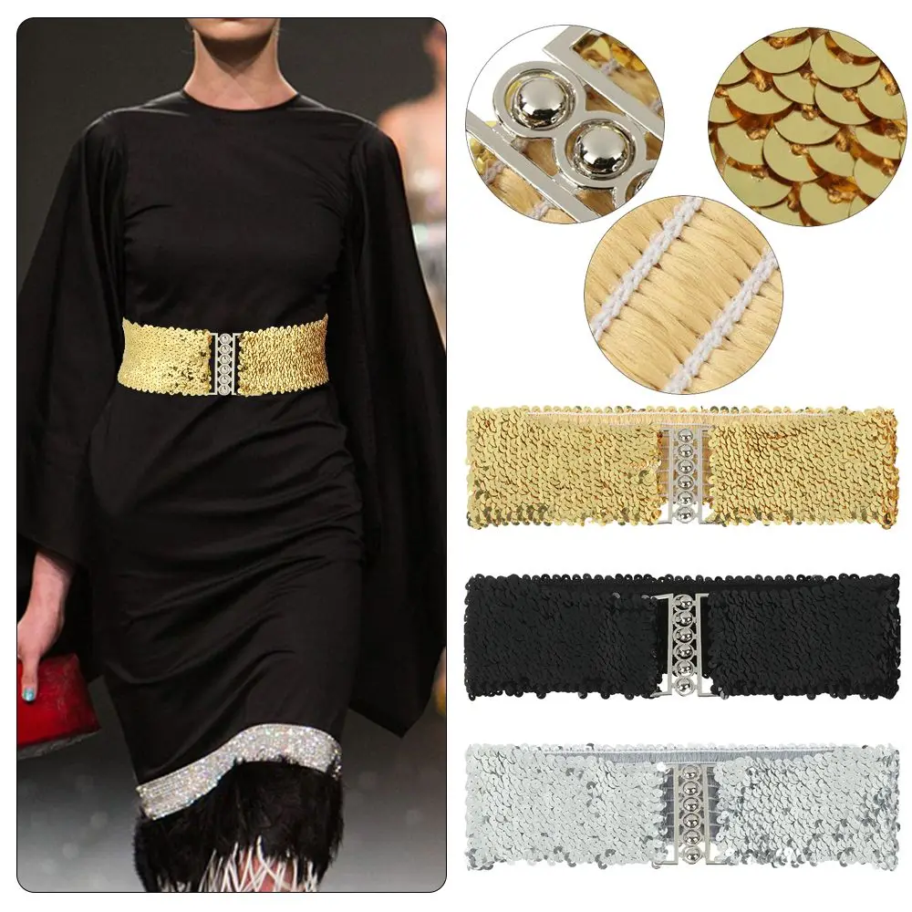 Fashion Casual Stretch Belly Waist Band Sequin Wide Elastic Belt Metal Buckle Waistband Ladies Dress Cummerbands