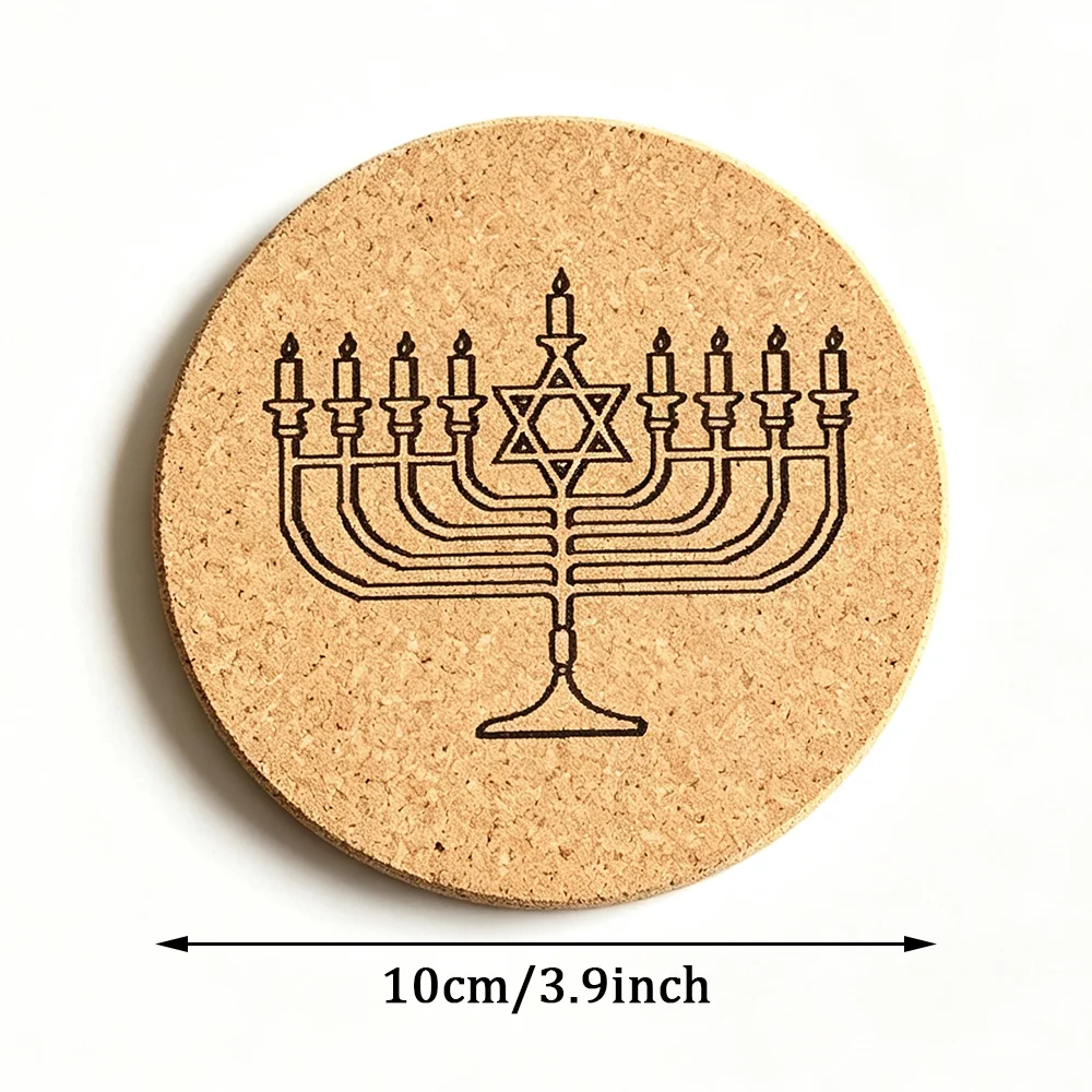 4Pcs Happy Hanukkah Cork Coasters Star of David Menorah Dreidel Jewish Holiday Hostess Gift Home Supplies Tabletop Accessories