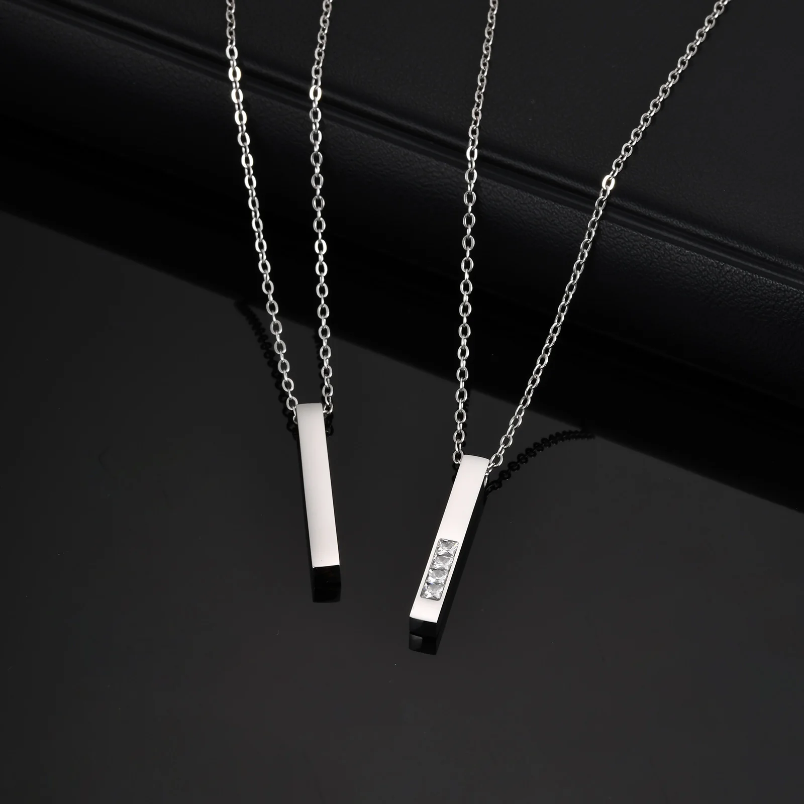 Vnox Stainless Steel Vertical Bar Pendant with White Zircon Necklaces for Men, Adjustable O-chain Metal Slim Dog Tag Jewelry New - Image 5
