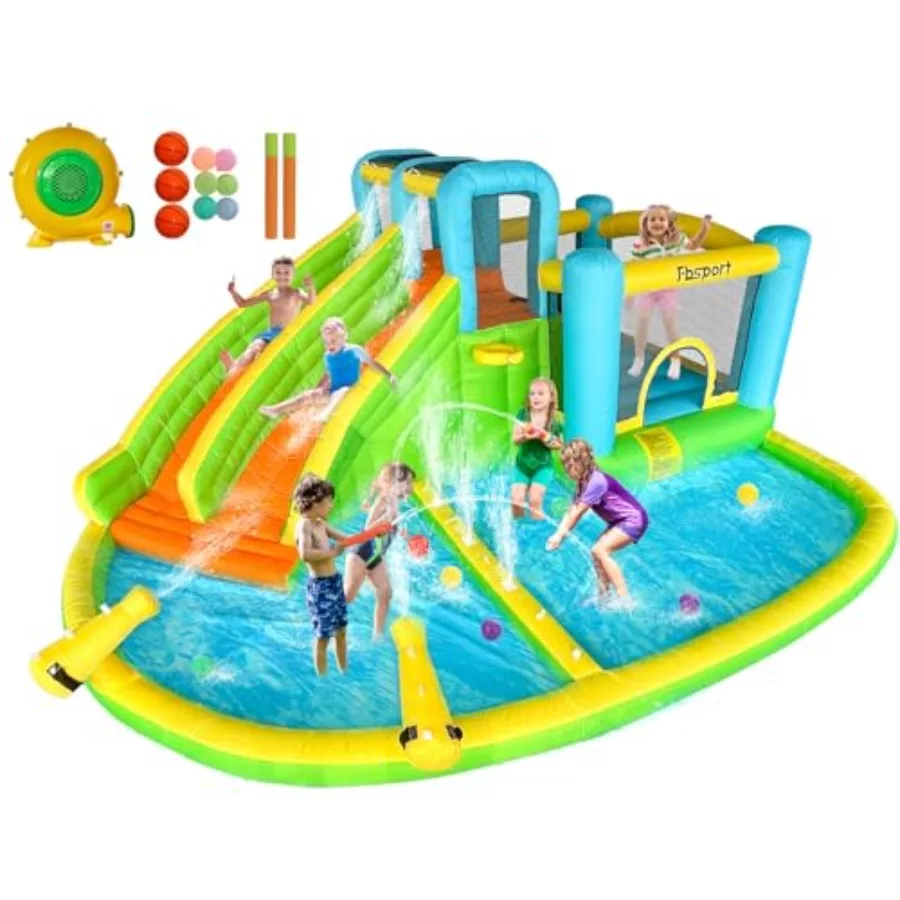 

Inflatable Bounce House Water Slide Park Bouncer Castle with 2 Slides Double Cannon Climbing Wall Bouncy Castle 550W Air Blower