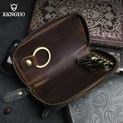 Genuine Leather Key Holder Case - Zippered Key Organizer Wallet with 6 Hooks for Keys, Cash & Card - for Men Women