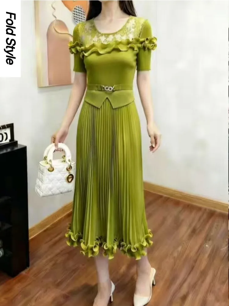

Miyake Pleats New Temperament Crew Neck Solid Color Ruffled Short Sleeve Slim Loose Women's Midi Dress