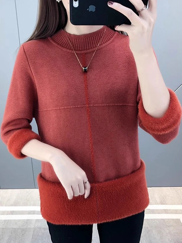 Thickened Integrated Fleece Half High Collar Women's Knitted Sweater Autumn Winter New Style Fleece Lined Trendy Mid-Length L...