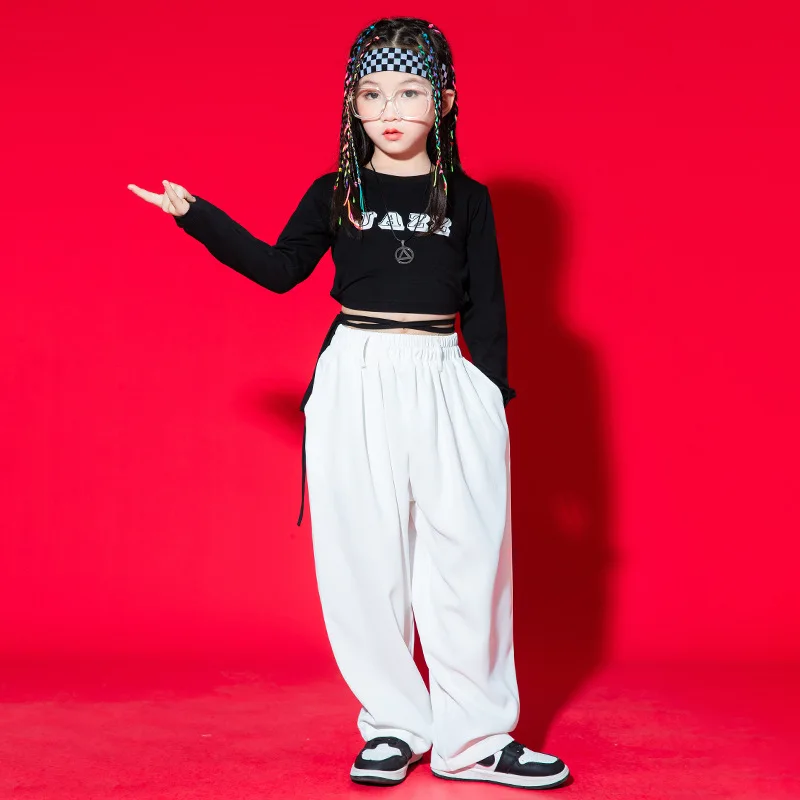 キッズK-POPヒップホップ服 ブラックレースアップクロップトップ 長袖Tシャツ ホワイトカジュアルバギーパンツ 女の子用 ジャズダンスコスチューム服