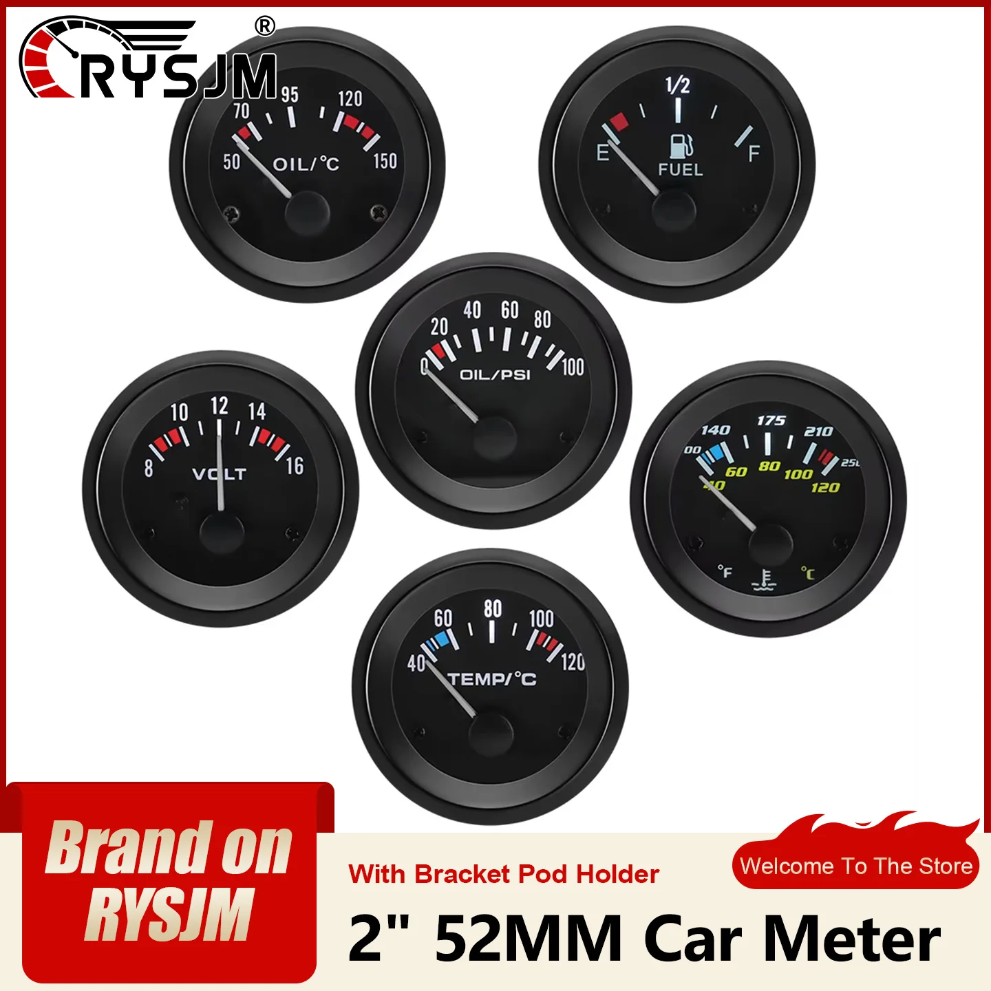 2'' 52MM Water Temp/Oil Temp/Oil Press/Volt/Ammeter/Fuel Level Meter with Car Bracket Pod Holder  For 12V Universal Vehicle